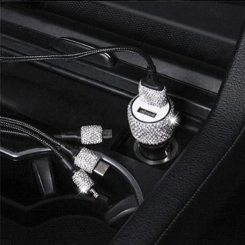 2XDual USB Автомобильное зарядное устройство для мобильного телефона, планшета, gps, быстрое зарядное устройство, Кристальный бриллиант, телефон, 3 линии передачи данных, провод в автомобильном прикуривателе