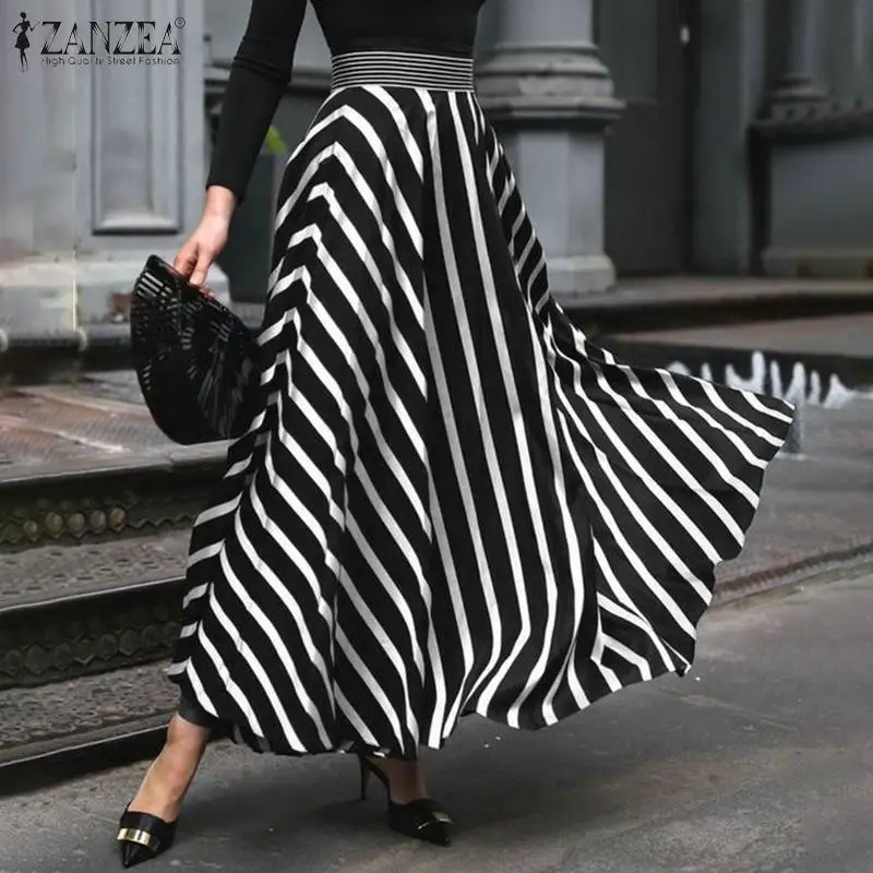 

ZANZEA 2020 Elegant Women's Maxi Skirts Summer Sundress Casual High Waist Striped Vestido Female Robe Plus Size Faldas Saia 5XL