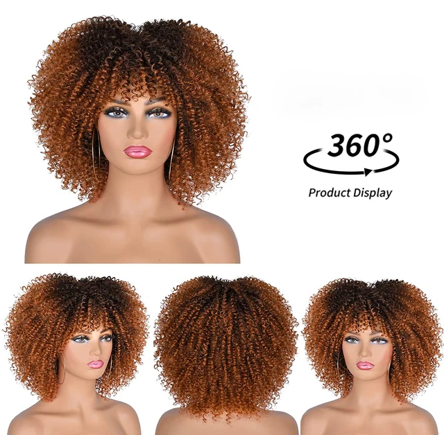 Short Hair Afro Kinky Curly Wigs With Bangs African Synthetic Ombre Glueless Cosplay Wigs For Black Women High Temperature 2