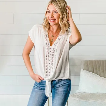 

Short Sleeve solid color shirt 2020 V collar stitching lace tie women's chiffon summer woman womens tops and blouses