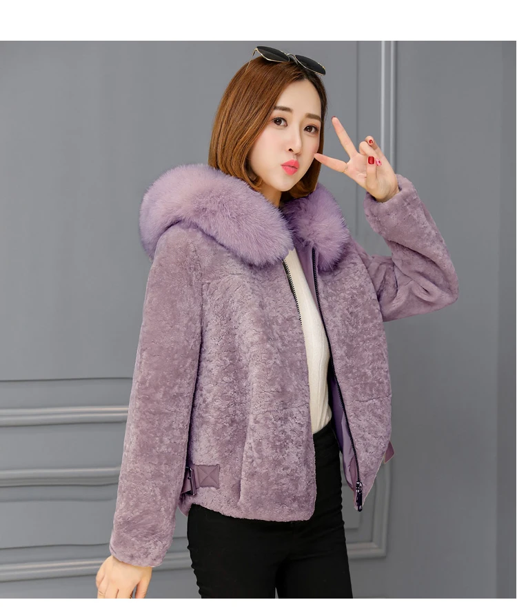 Зимнее пальто из овечьей шерсти, женская короткая куртка, теплая мягкая куртка на молнии из искусственного меха лисы с капюшоном, модная женская плюшевая верхняя одежда - Цвет: Фиолетовый
