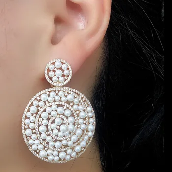 

missvikki Noble Luxury Round Full Pearls Pendant Earrings for Women Bridal Wedding Party Show Earring Jewelry Fashion Gift