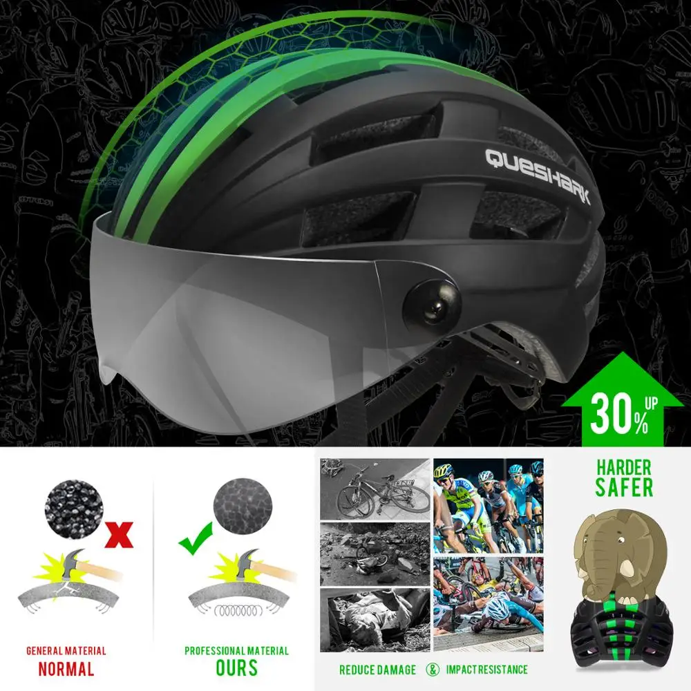 QUESHARK Men Women Ultralight Cycling Helmet MTB Road Bike Bicycle Motorcycle Riding Removable Transparent Grey Lens QE116
