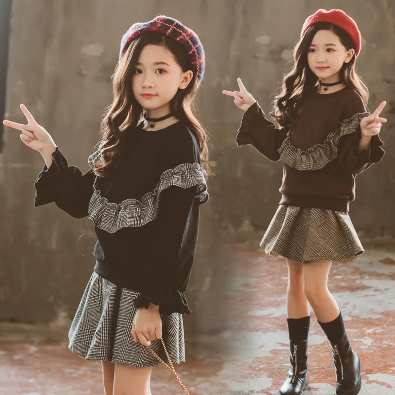 

2020 Spring New Style Girls Bell Sleeve Flounced Hoodie Plaid Skirt Set