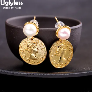 

Uglyless Vintage England Wind Gold Coins Earrings for Women Solid 925 Silver Medal Earrings Natural Pearls Studs Brincos Bijoux