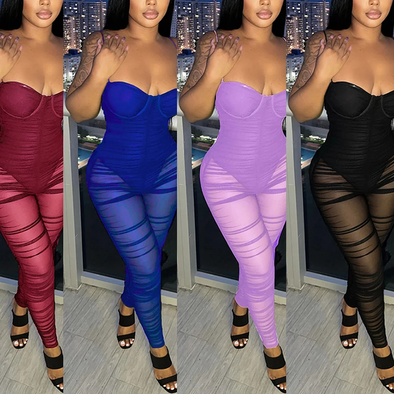 

Summer Casual Female Sexy Bodycon Rompers Club Party Clothing Sling Backless Mesh Patchwork Pleated Women's See Through Jumpsuit