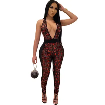 

Sexy Mesh Sheer Bodycon Jumpsuit Women Festival Clothing V-neck Halter Sleeveless Backless Club Party Rompers Womens Jumpsuit