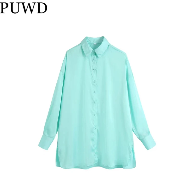 

PUWD Women Green Solid Stain Blouses 2022 Spring Fashion Ladies Casual Long Sleeve Shirt Female Breasted Turn Down Collar Tops