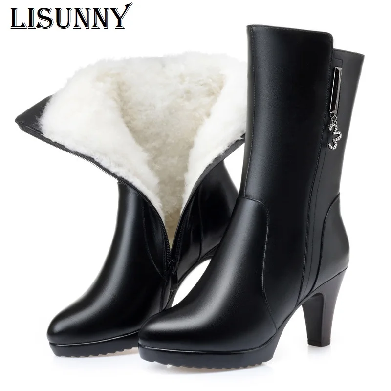 LISUNNY Women's Boots Wool Genuine Leather Warm Thick Wool Women's Winter Boots High-heeled Fashion Mid-calf boots Women 35-40 - Цвет: Black wool