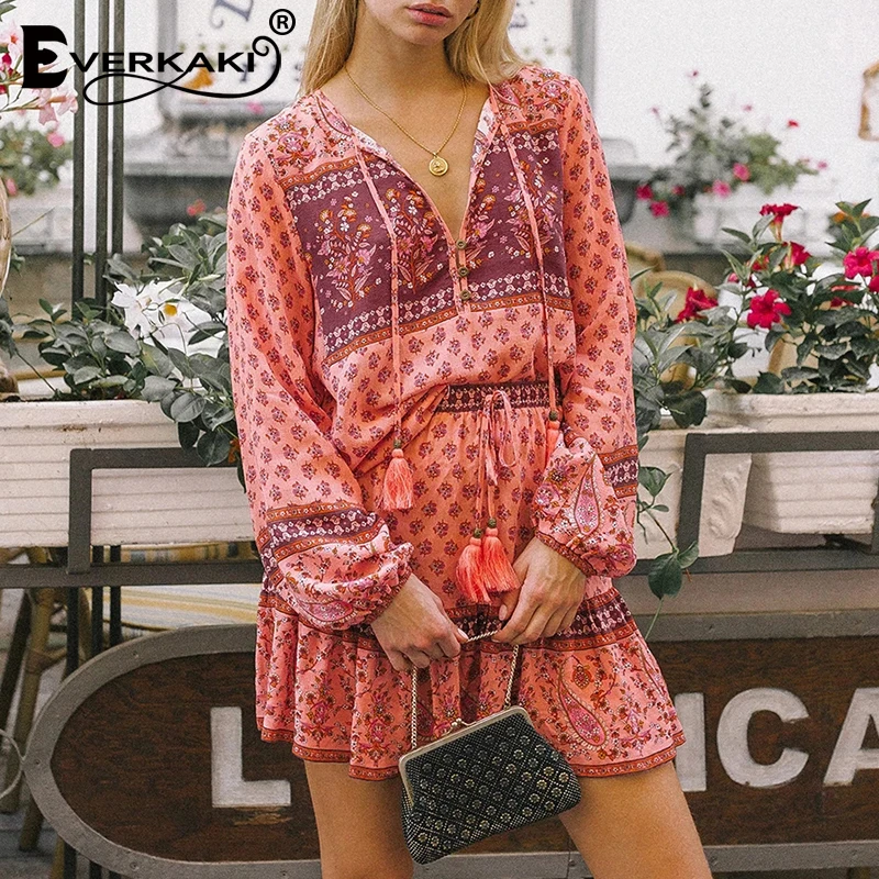  Everkaki Women Blouses Top Boho Floral Print Shirts Neck Tassels Tied Ladies Vintage Blouse Tops Fe