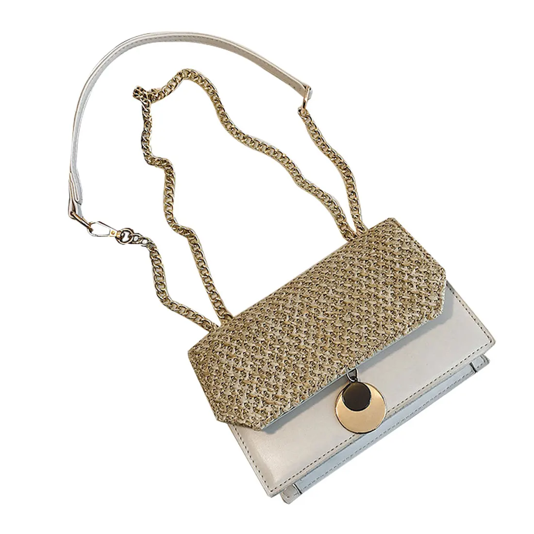 

Solid Leather Straw Crossbody Bags With Chain Women Shoulder Bags Contrast Color Small Pouch Flap Female Sweet Casual Purse