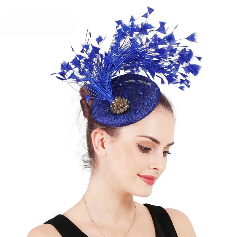 FS Vintage Blue Weddings Hat With Feather Headwear Ladies Elegant Fascinators Hats Big Flower Black Church Derby Red Hats 4