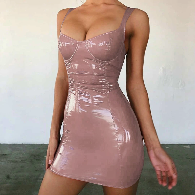 2019 Sexy Backless Club Party Short Dress Solid Black Wet Look Latex Bodycon Faux Leather Push Up Bra Mini Micro Dress Leotard bodycon dress Dresses