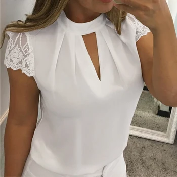 

LAAMEI Women Sexy Blouses Summer Casual Hollow Chiffon Short Sleeve Splice Lace Tops Shirts blusas mujer de moda Plus Size 5XL