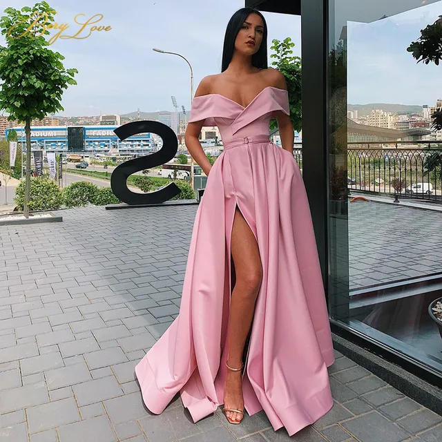Off Shoulder Satin Evening Dresses Long Sexy High Slit Evening Gown Elegant High Waist Prom Dress Robe De Soiree Pink
