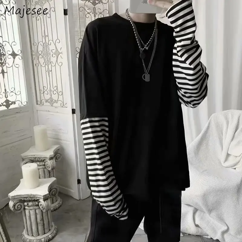 Men Long Sleeve T-shirts Striped Patchwork Fake Two Piece Oversize Tees Harajuku Retro Hip-pop Undershirts Male Casual Outwear | Мужская