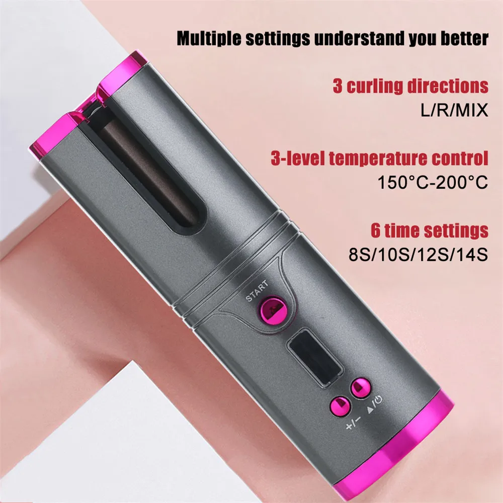 Automatic Hair Curler Cordless USB Rechargeable Curling Iron Curls Waves LCD Display Ceramic Curly Rotating Curling Wave Styer