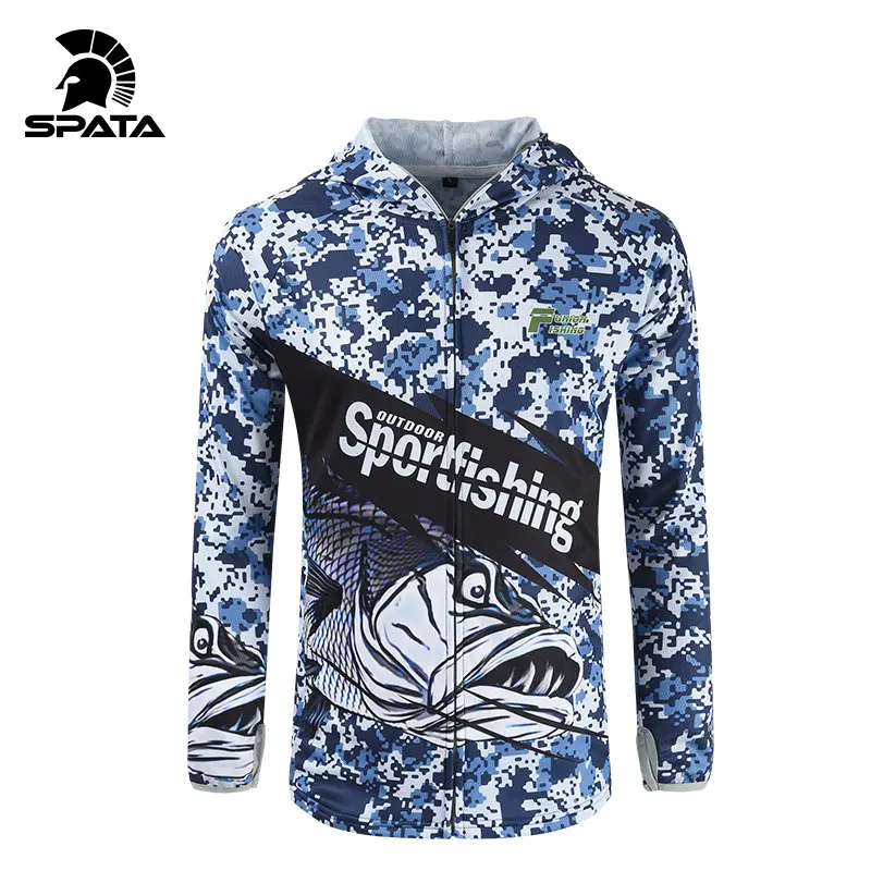 SPATA Quick Dry Bass Fishing Clothing Long Sleeve Camouflage Hooded Breathable Anti-UV Sun Protection Clothes Fishing Shirts