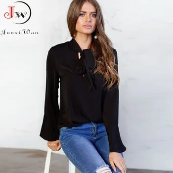

Black Bowknot Collar Elegant Chiffon Blouse Shirt Women Solid Color Long Sleeve Summer Tops Female OL Work Shirts Plus Size
