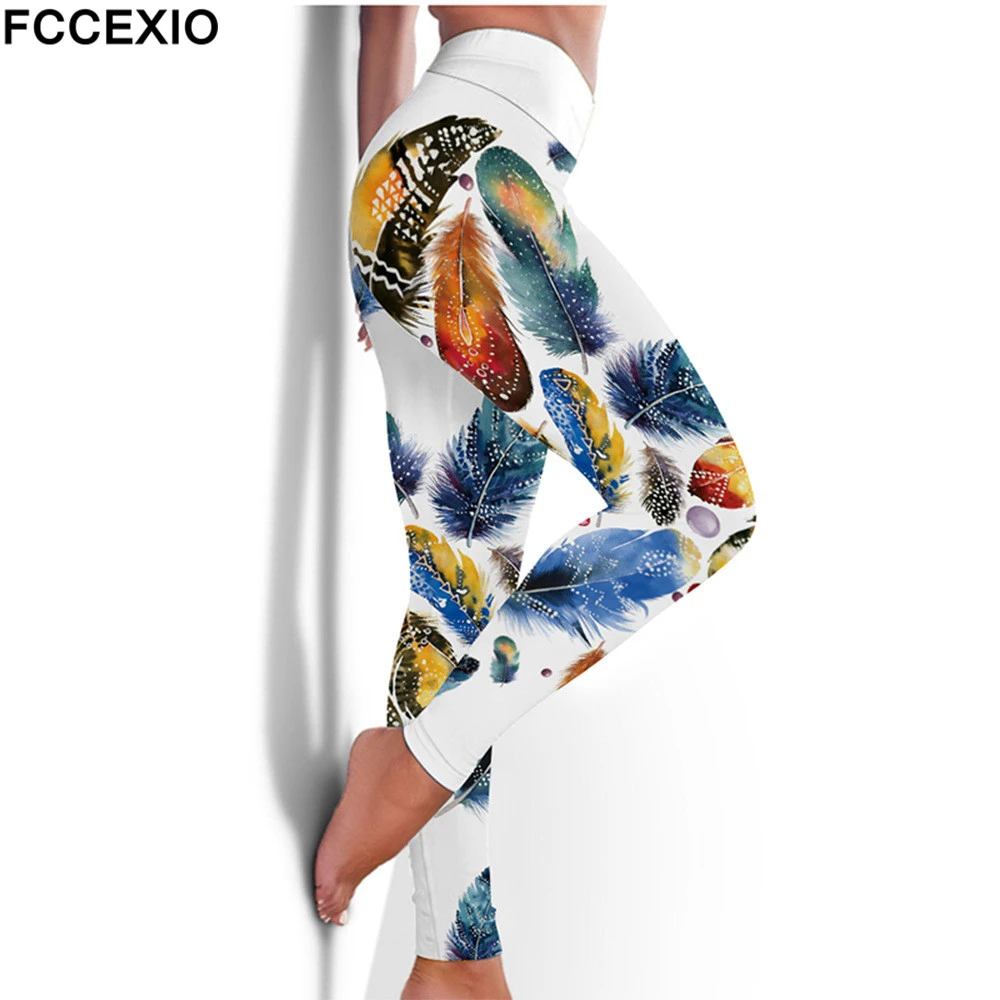 FCCEXIO High Waist Fitness Elastic Leggings Fashion Colorful Feathers