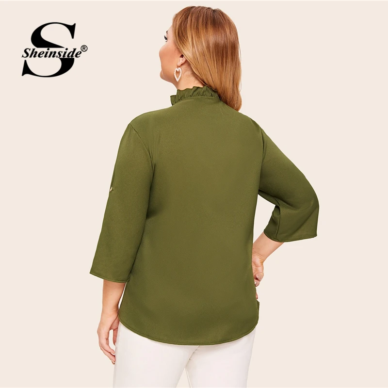 Billige Sheinside Plus Größe Casual Armee Grün Lace Up V ausschnitt Bluse Frauen 2019 Herbst Roll Up Sleeve Blusen Damen Rüschen trim Top