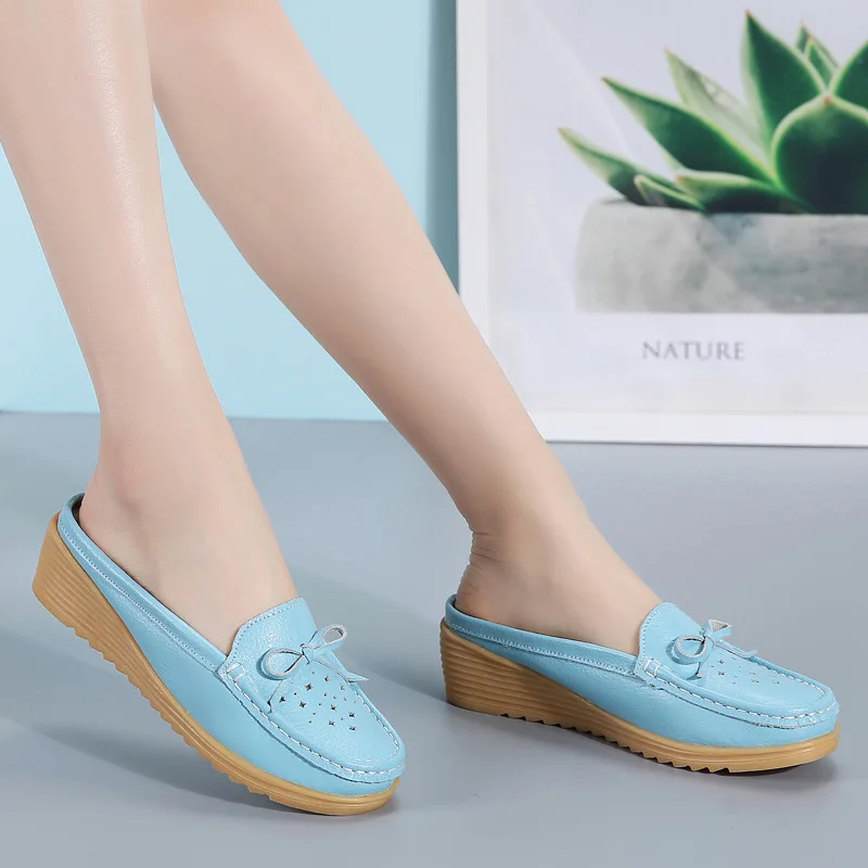

New Style Women's Slipper Hollow out Breathable Moccosins 2019 Summer WOMEN'S Pumps Genuine Leather Casual Slip-on Loafers
