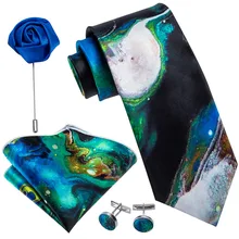 Синий зеленый принт мужской галстук шелковый галстук Брошь платок Набор Запонок модные дизайнерские галстуки для мужчин жениха подарок дропшиппинг