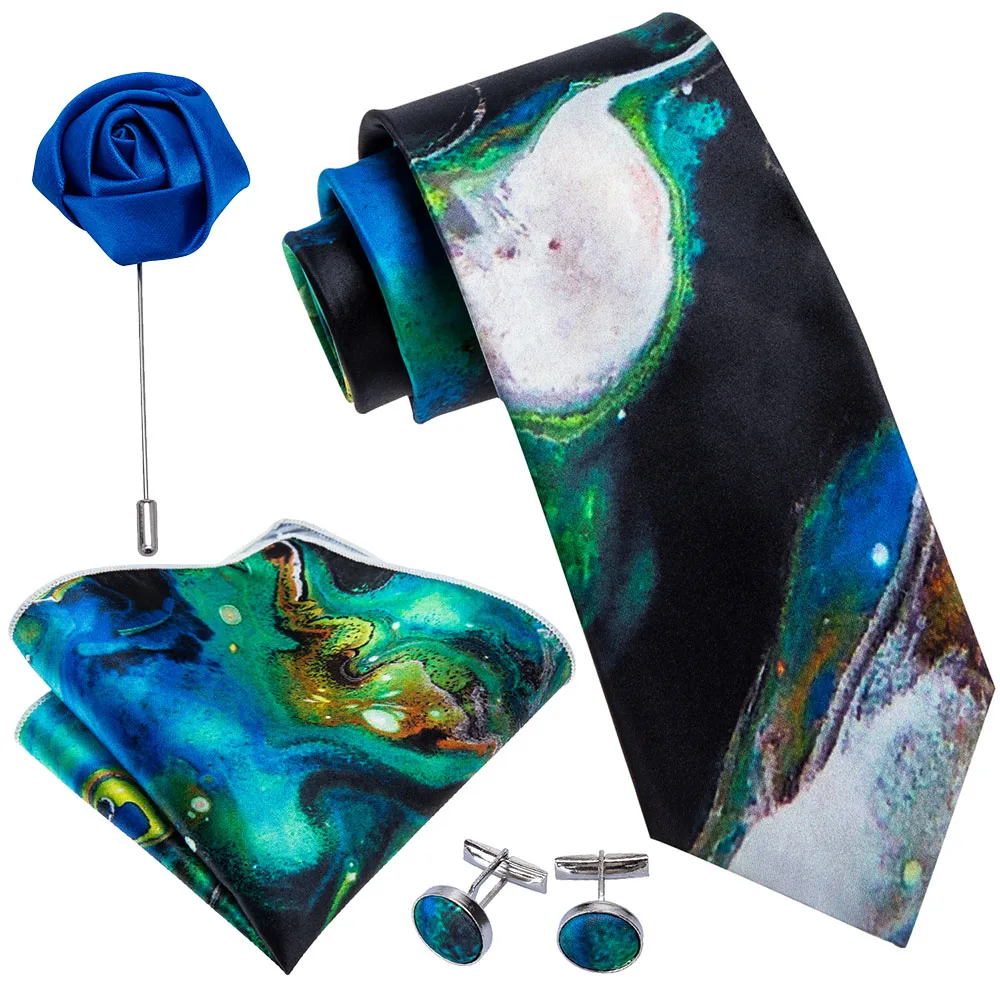 

Blue Green Print Men Tie Silk Necktie Brooch Handkerchief Cufflinks Set Fashion Designer Ties For Men Groom Gift Dropshipping