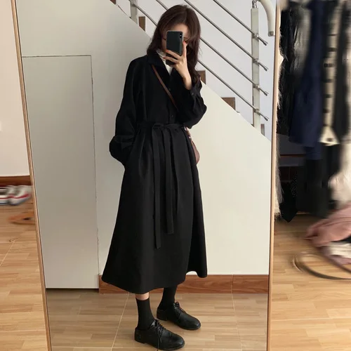 

Women Chic Midi Spring Autumn Black Chiffon Lapel Long Shirt Dress Female With Button Lace-up Long Sleeve Dress With Belt Ka92