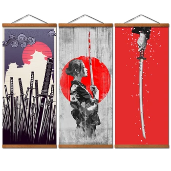 

Solid Wood Scrolls Canvas Painting Japanese Samurai Katana Wall Art Poster Wall Picture For Living Room Decor