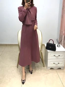 

2020 New Bow tie women's midi dress Korean style Slim ladies long-sleeved long dresses with belt