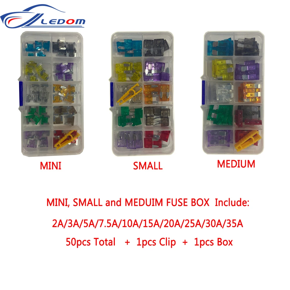 50Pcs/Box Car Fuses 2A 3A 5A 7.5A 10A 15A 20A 25A 30A 35A Amp with Box Clip Assortment Auto Blade Type Fuse Set Truck