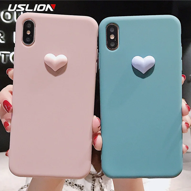 

USLION 3D Love Heart Candy Color Phone Case For iPhone 11 Pro Max X XR Xs Max 6 6s 7 8 Plus Soft TPU Silicone Back Cover Fundas
