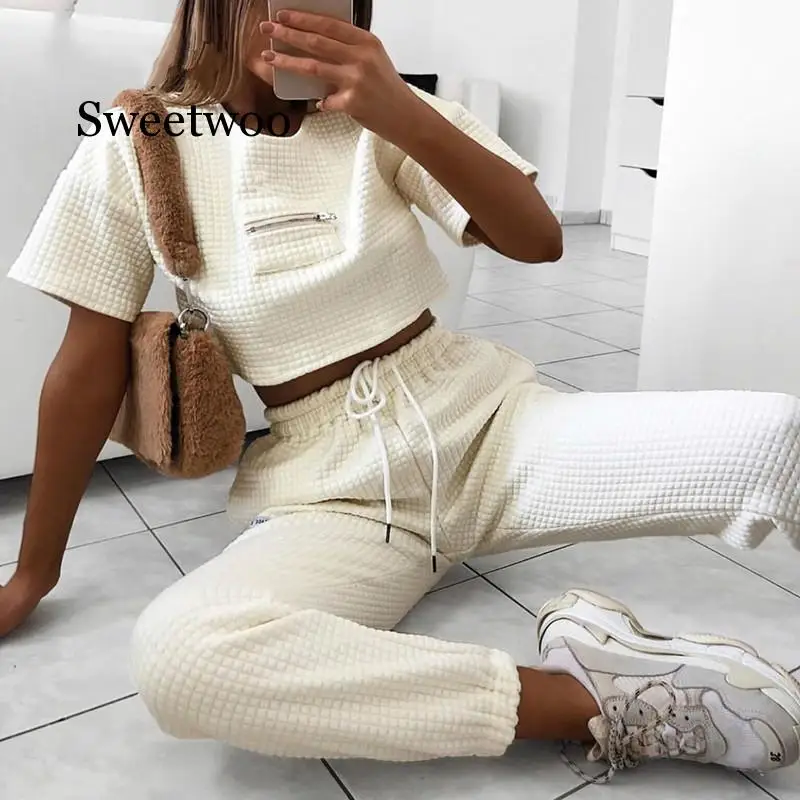 

2020 Autumn Women Leisure 2 Pieces Sets Spliced Sweat Shirt Full Length Harem Pants Oversize Elastic Waist Tracksuits