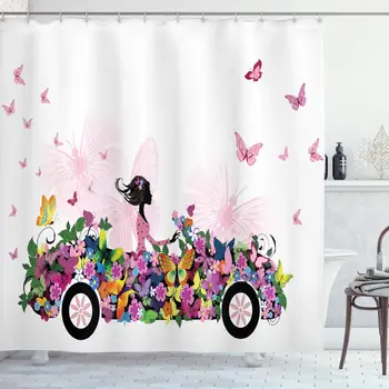 

Cars Shower Curtain, Woman Driving a Floral Car with Butterflies in The Air Female on The Road Girls Theme, Cloth Fabric