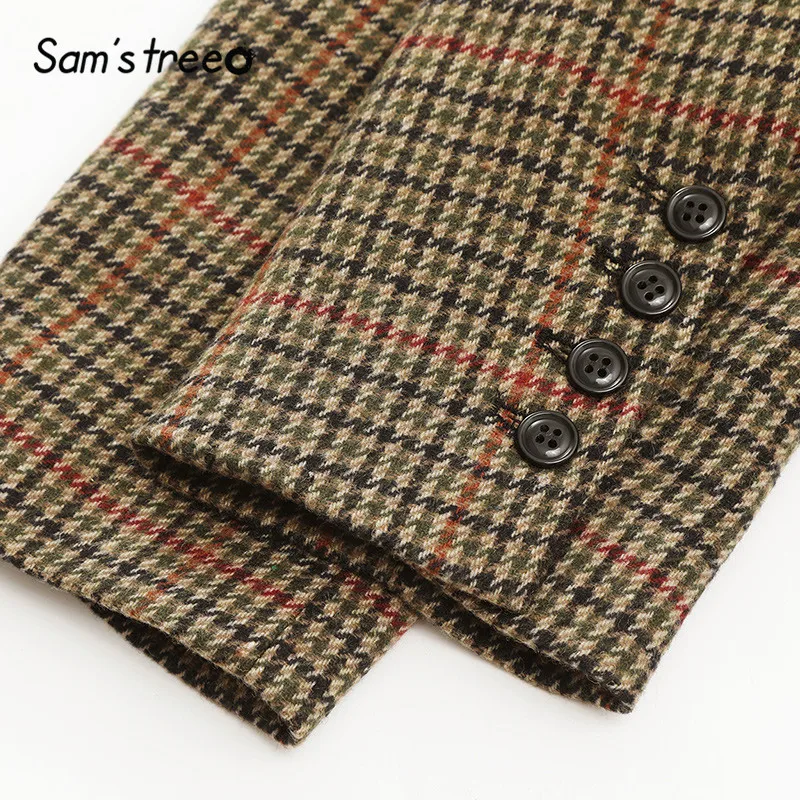 incredible  SAM'S TREE Plaid Button Front Brit Graphics Women Coat 2019 Autumn Long Sleeve Belt Casual Korean B