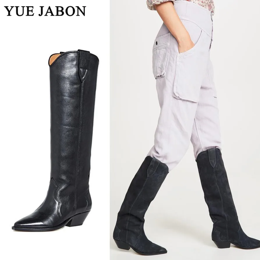 

Pointed Toe Genuine suede Leather Knee High Boots Cowboy Women Chunky High Heel Knight Boots Motorcycle Boots zapatos de mujer