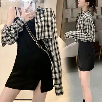 

New Fashion Women Lady Long Sleeve Plaid Pattern Shirt with Solid Color Dress for Autumn J9