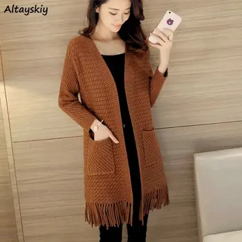 

Cardigan Women Spring Long Sweater Stylish Tassel Ribbed Outwear Open Front Pocket Korean Retro Lady Elegant Knit Chic Slim 2XL