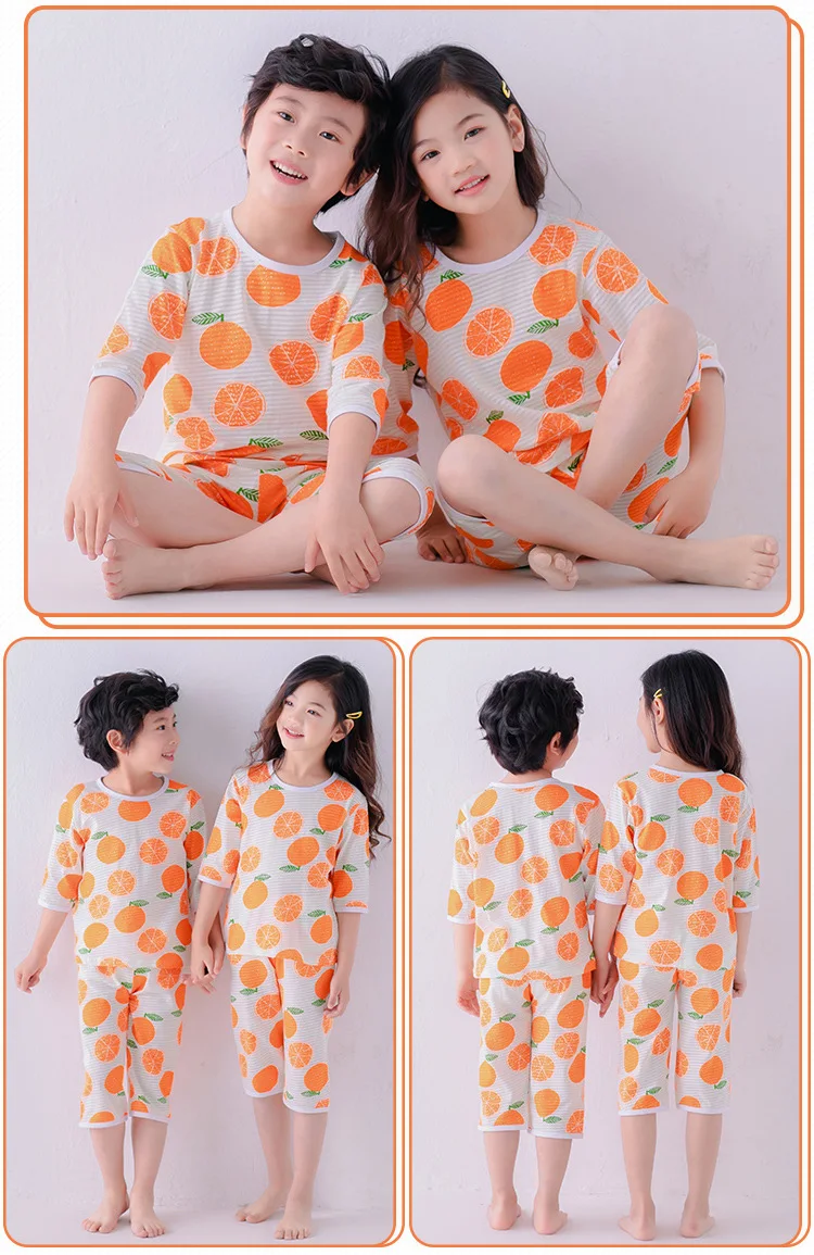 South Korea Children Tracksuit Summer Thin Section Pure Cotton Pajamas Men And Women Children Korean-style Three-quarter-length