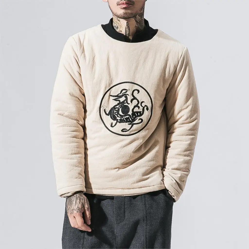 Sinicism Store, мужская куртка, Осень-зима, с принтом, куртка, Мужская, свободная, китайский стиль, на молнии, уличная одежда, мужское, толстое, теплое пальто - Цвет: Khaki(Asian Size)
