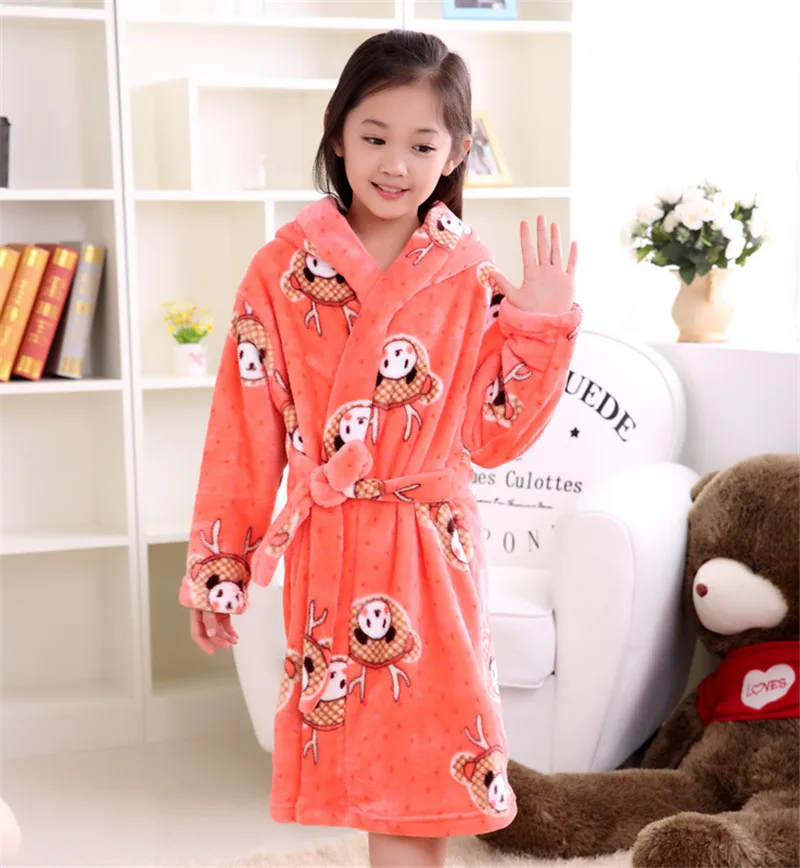 Детский банный халат для мальчиков; Фланелевая пижама с рисунком ночнушка для девочек с героями мультфильмов; одежда для сна; халат; подростковые пижамы детская одежда с капюшоном Bathgowns От 4 до 13 лет - Цвет: Оранжевый
