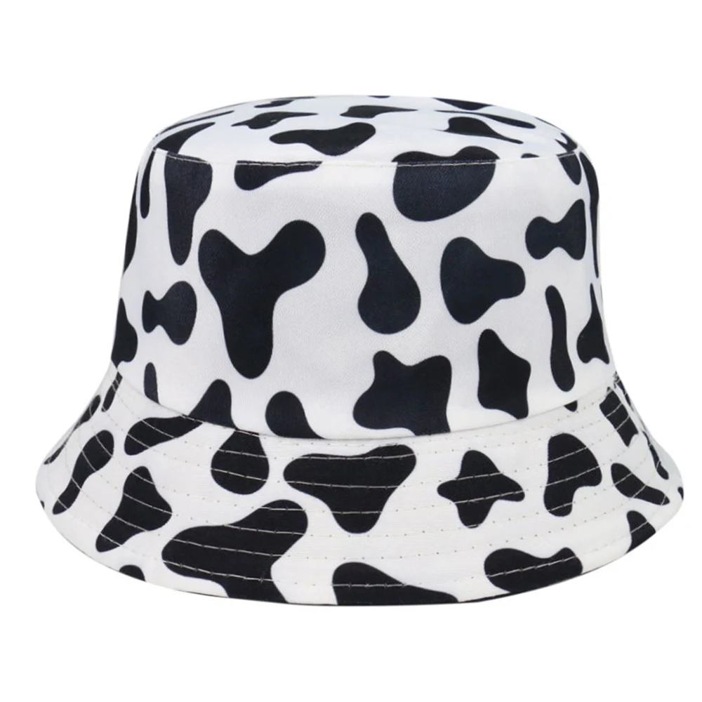 New Fashion Reversible Black White Cow Pattern Bucket Hats Foldable
Fisherman Caps For Women Men Summer