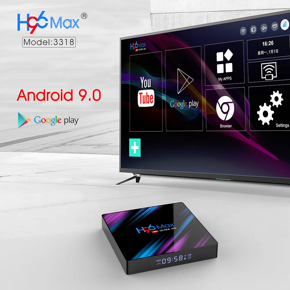 QPLOVE H96 Max 3318 Smart Android ТВ коробка 9,0 OS 2 и 4 Гб оперативной памяти, 16 и 32/64 ГБ Rom с Bluetooth 4,0 с двумя портами USB и Wi-Fi, мультимедийный проигрыватель