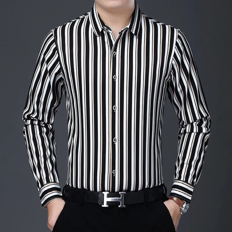 

Fashion Slim Striped Business Casual Long Sleeve Dress Men Shirt Autumn New Quality Polyester Soft Smooth Camisa Masculina M-4XL