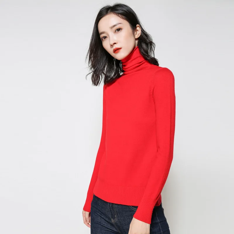 Свитер женские вязаные пуловеры свитер женский длинный рукав водолазка джемпер Зимний вязаный топ Корейская одежда Большие размеры - Цвет: Chinese red