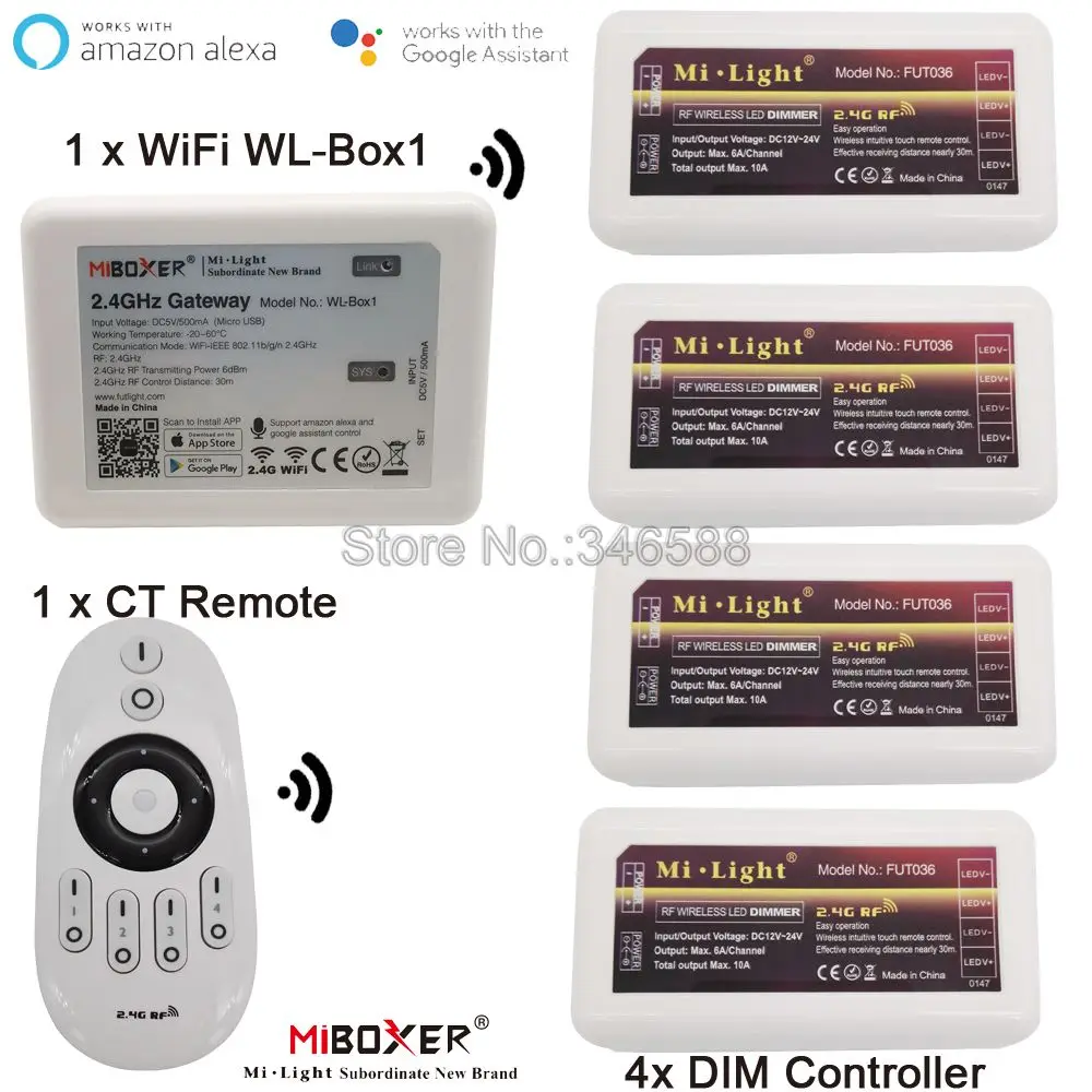 

1x 2.4G RF Wireless 4-Zone Touch Remote +4x DC12-24V 12A Mi.light RF Brightness Adjustable Dimmer Controller +1xWiFi Hub Set
