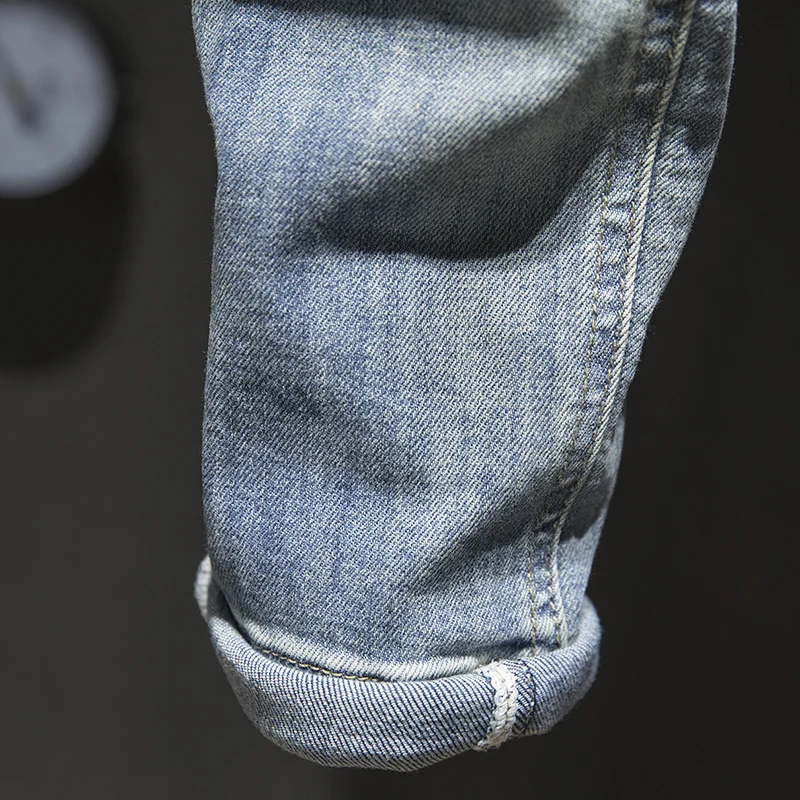 Ripped Jeans For Men Slim Fit Retro Blue Stretch Streetwear Hip Hop Patchwork Jeans Torn Men's
