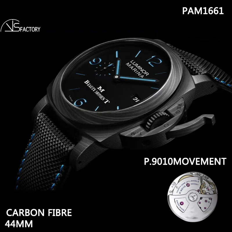 

Men's mechanical watch 44MM pam1661 carbotech VSF 1:1 best edition on black Kevlar composite strap P.9010 Movement Watch