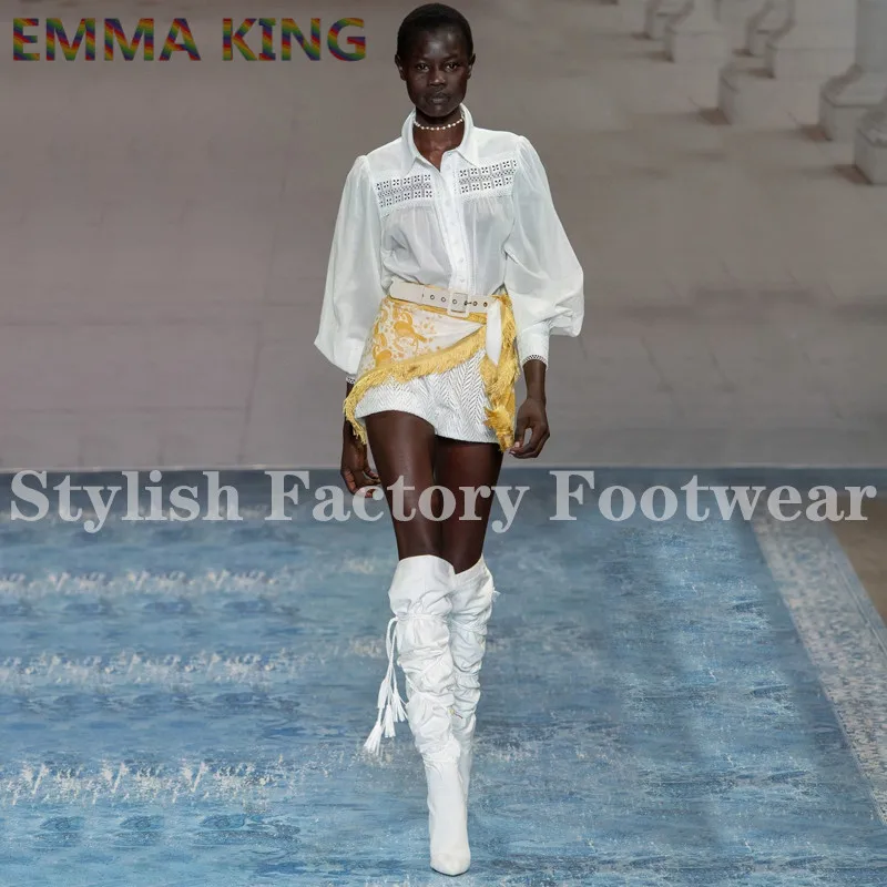 White Emma king/пикантная модная обувь из черной овечьей замши роскошные сапоги выше колена с завязками туфли на шпильках с круглым носком - Цвет: White
